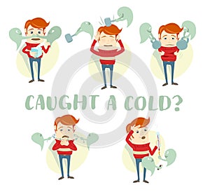 A set of characters with the symptoms of the common cold: cough, sore throat, headache, runny nose, fever, high temperature. Flat