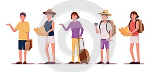 set of characters tourists traveling people vector illustration