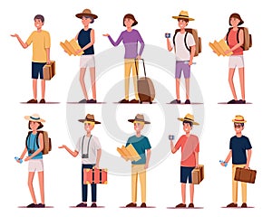 set of characters tourists traveling people vector illustration