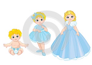 Set of characters. Visualization of stages of human body growth, development and aging - baby, child, teenager