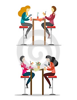 A set of characters who sit on bar stools at the table, drink drinks and chat. Girls.Vector illustration on a white background