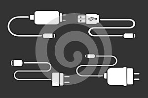 Set of charger icons for phone and tablet. Car adapters for charging devices. Power cords. Vector digital equipment for