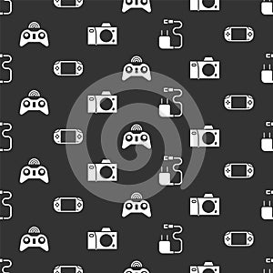 Set Charger, Portable video game console, Wireless gamepad and Photo camera on seamless pattern. Vector.