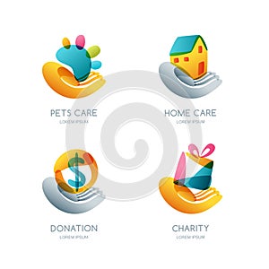 Set of charity, donation and care logo, icon, emblem. Concept for voluntary humanitarian helping