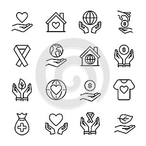 Set of charity icons in modern thin line style. High quality black outline donation symbols for web site design and mobile apps.