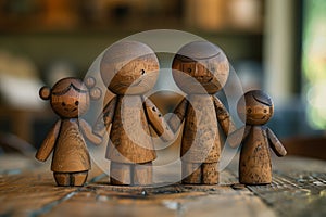 Set of charming wooden figures representing a family, captured with warm ambient lighting