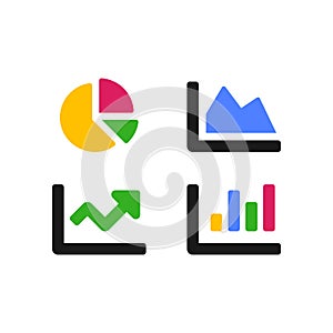 Set of charts and graphs colorful vector icons. Statistics or financial market symbols. Vector EPS 10