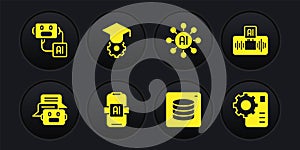 Set Chat bot, Artificial intelligence AI, Server, Data, Neural network, Graduation cap, and robot icon. Vector