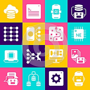 Set Chat bot, Artificial intelligence robot, Processor CPU, AI, Neural network, Cloud database and icon. Vector