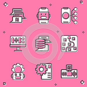 Set Chat bot, Neural network, Algorithm, Server, Data, Robot setting and icon. Vector