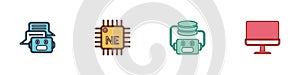 Set Chat bot, Processor CPU, Artificial intelligence robot and Computer monitor icon. Vector