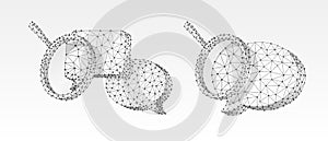 Set of Chat bubbles with magnifying glass. Communication analysis, Dialogue cloud concept. Low poly, wireframe 3d vector