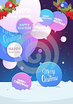 Set Of Chat Bubbles With Merry Christmas And Happy New Year Text Winter Holiday Poster Design