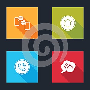 Set Chat messages on mobile, Button chat notification, Phone call and Five stars rating review icon. Vector