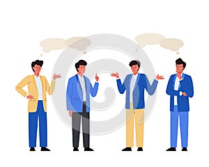 Set of chatting business people with speech bubbles. Men meet and talk with each other. Dialogues between male