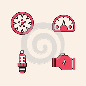 Set Check engine, Alloy wheel, Speedometer and Car spark plug icon. Vector