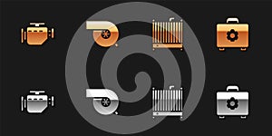 Set Check engine, Automotive turbocharger, Car radiator cooling system and Toolbox icon. Vector