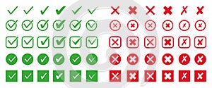 Set of check mark flat icon. Green tick and red cross symbol for checklist. Vector