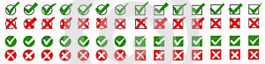 Set check mark, tick and cross signs, green checkmark OK and red X icons, symbols YES and NO button for vote, decision, election