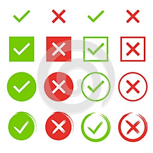 Set of check marks. Green tick and red cross. YES or NO accept and decline symbol. Buttons for vote, election choice