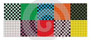 Set of checkered background samples. Patterns with color squares. Checherboard or chessboard textures in retro 60s 70s