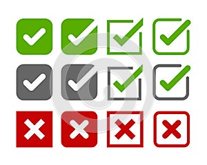 Set of checkmark icons on a white background. Tick and cross vector signs. Yes and no labels in square and circle. Approved and