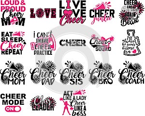 Set of Cheer quotes. Cheeleader silhouette. Pompoms vector photo