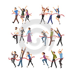 Set of cheerful people crossing finish line. Business team won competitions cartoon vector illustration