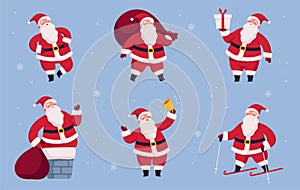 Set cheerful Santa Claus in different poses and situations. Christmas character with gifts, bag and bell