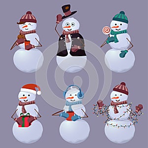 Set cheerful snowmen Ñartoon vector illustration.