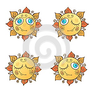 A set of cheerful suns in cartoon style. Vector illustration.