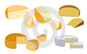 Set of cheeses. Collection of cartoon cheeses. Dairy. Cheese types. Modern flat style vector flat illustration. Icons