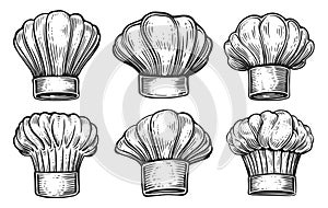 Set of Chef and cook hat for restaurant menu. Cooking symbol. Hand drawn sketch vintage vector illustration