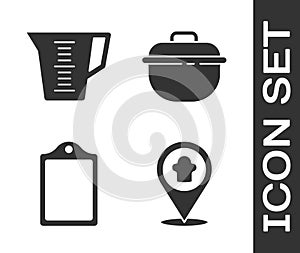 Set Chef hat with location, Measuring cup, Cutting board and Cooking pot icon. Vector