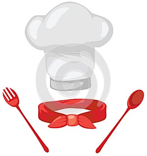 Set of chef hat , red scarf , spoon and fork