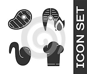 Set Chef hat, Steak meat, Fried chicken wing and Grilled fish steak and fire flame icon. Vector