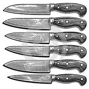 Set of Chef Knives engraving raster illustration