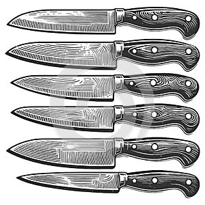 Set of Chef Knives engraving vector illustration