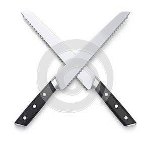 Set of chef's kitchen knives with a wooden handle isolated on white background.