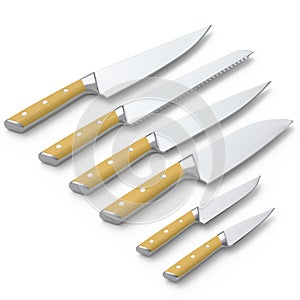 Set of chef's kitchen knives with a wooden handle isolated on white background.