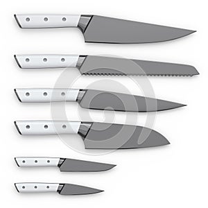 Set of chef's kitchen knives with a wooden handle isolated on white background.