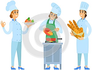 Set of chefs creating restaurant meal. People fry with pan, cut vegetables, add ingredients to dish