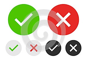 Set of chek marks with green  red  grey  black and white colours. Green tick and red cross. YES or NO accept and decline symbol.