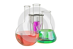 Set of chemical flasks with colored liquid, 3D rendering