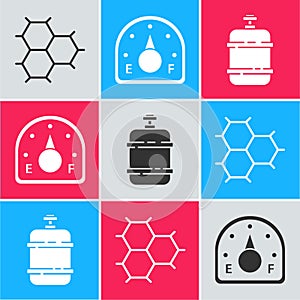 Set Chemical formula consisting of benzene rings, Motor gas gauge and Propane gas tank icon. Vector