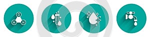 Set Chemical formula water H2O, Test tube with drop, Water and tap icon with long shadow. Vector