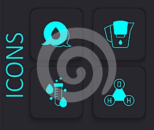 Set Chemical formula water H2O, Water drop with speech bubbles, jug filter and Test tube icon. Black square button