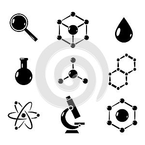 Set of chemical or medical Vector Icons. Atom, Flask, Molecule symbols