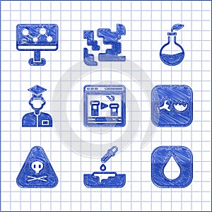 Set Chemical online, Petri dish with pipette, Water drop, Broken flask, Triangle warning toxic, Laboratory assistant