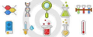 Set chemistry science icons style pixelart concept retro old vintage illustration